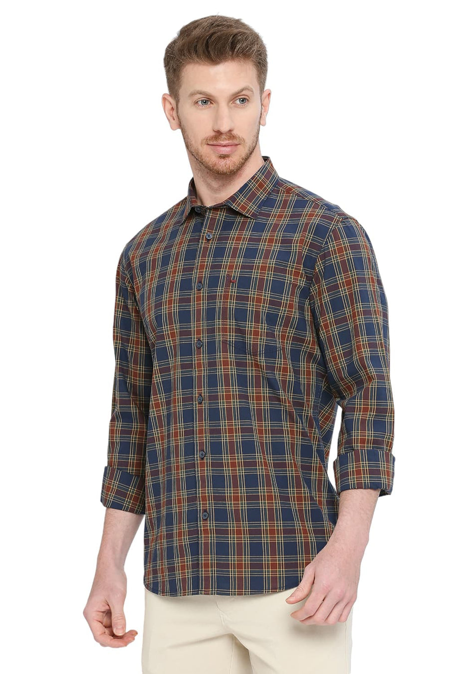 BASICS SLIM FIT TWILIGHT NAVY COTTON CHECKS SHIRT