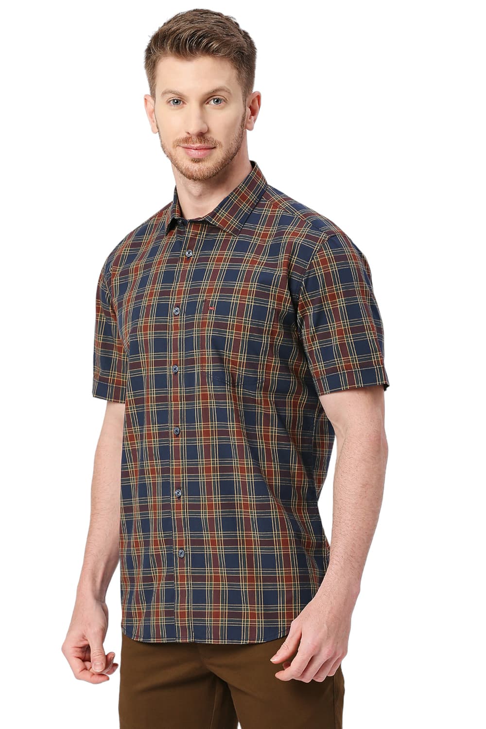 BASICS SLIM FIT COTTON CHECKS HALFSLEEVES SHIRT