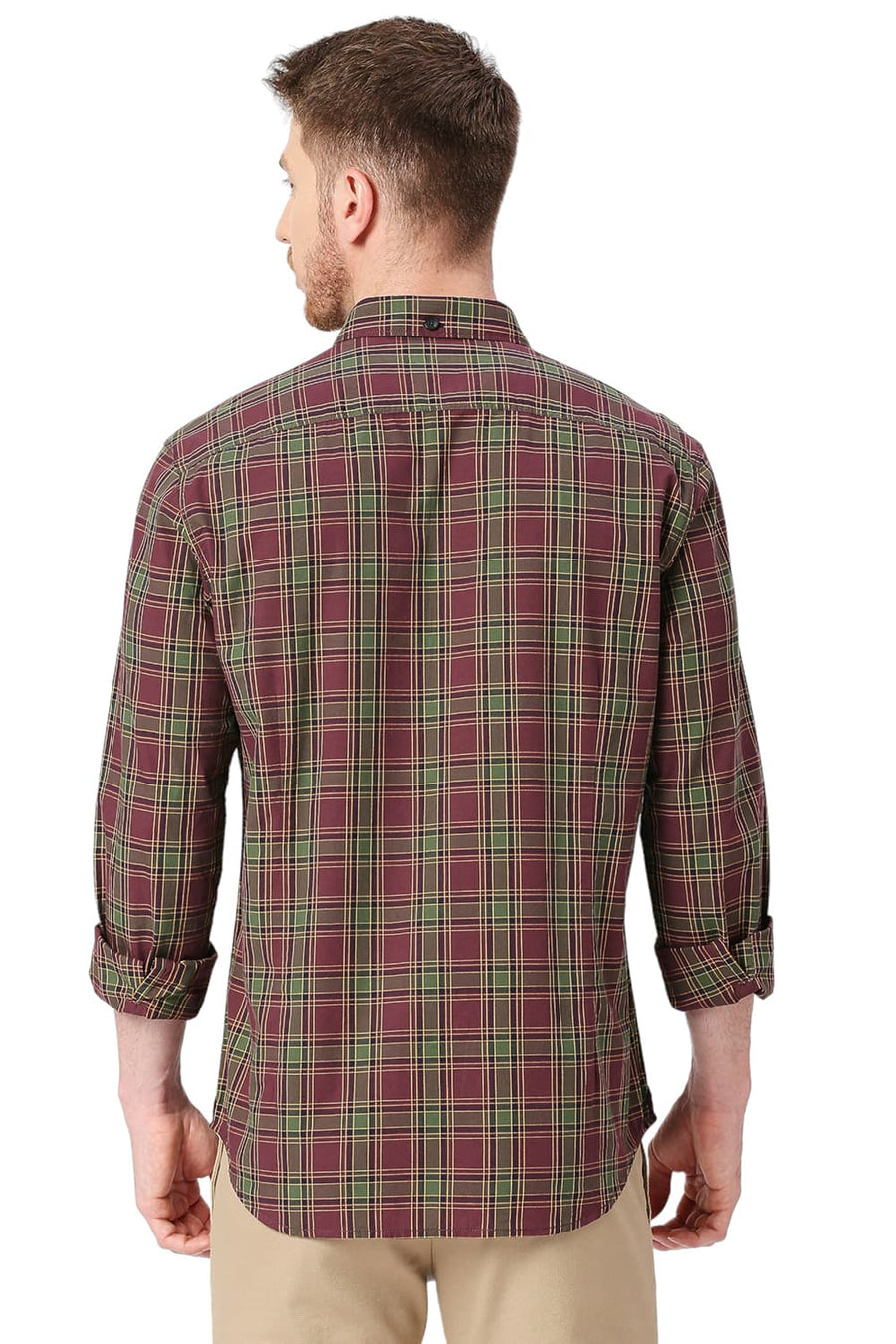 BASICS SLIM FIT BEAUJOLAIS WINE COTTON CHECKS SHIRT