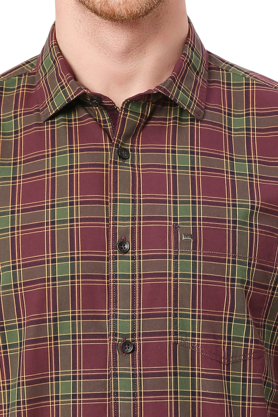 BASICS SLIM FIT BEAUJOLAIS WINE COTTON CHECKS SHIRT