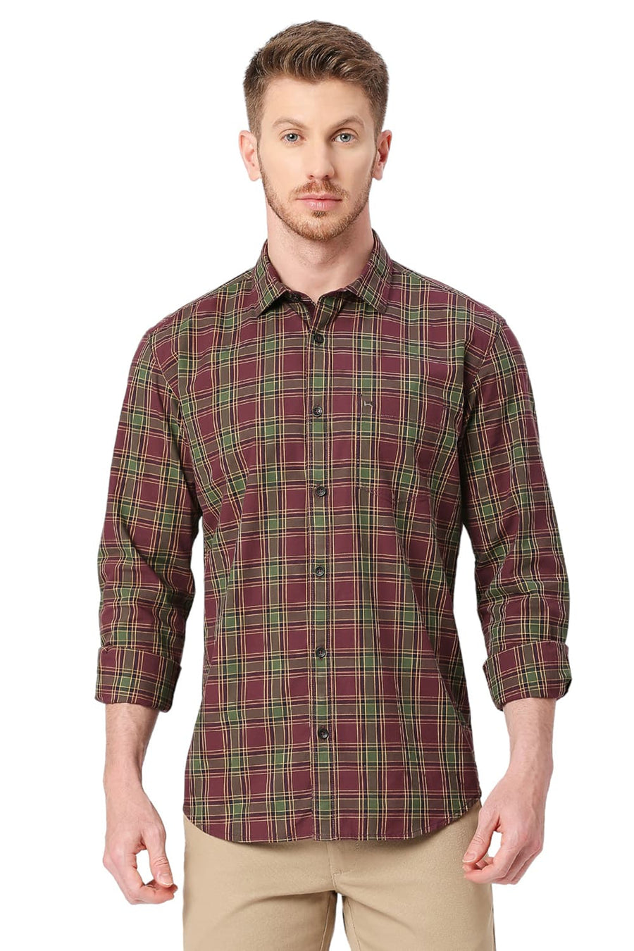 BASICS SLIM FIT BEAUJOLAIS WINE COTTON CHECKS SHIRT