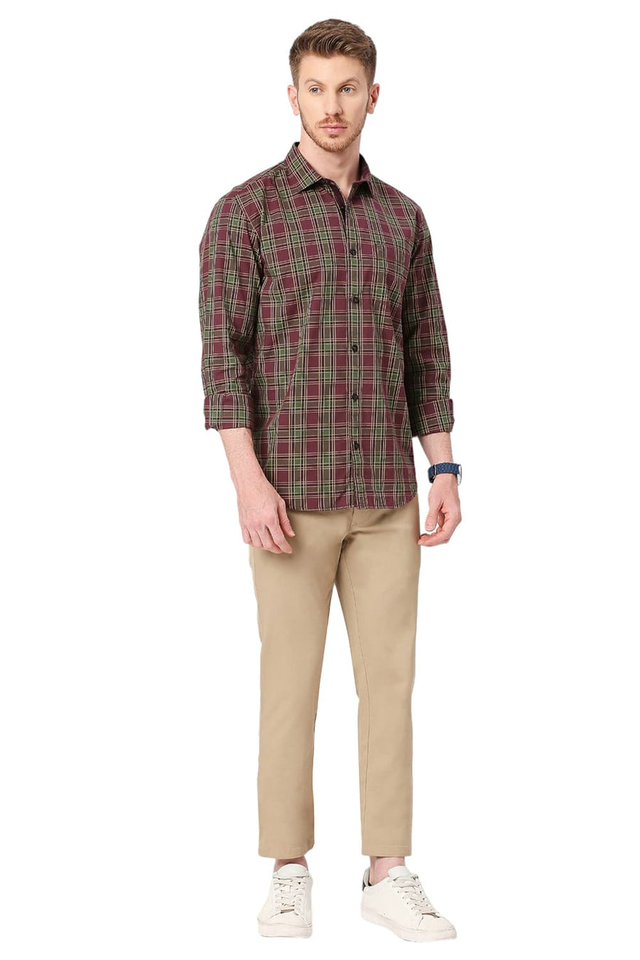 BASICS SLIM FIT BEAUJOLAIS WINE COTTON CHECKS SHIRT