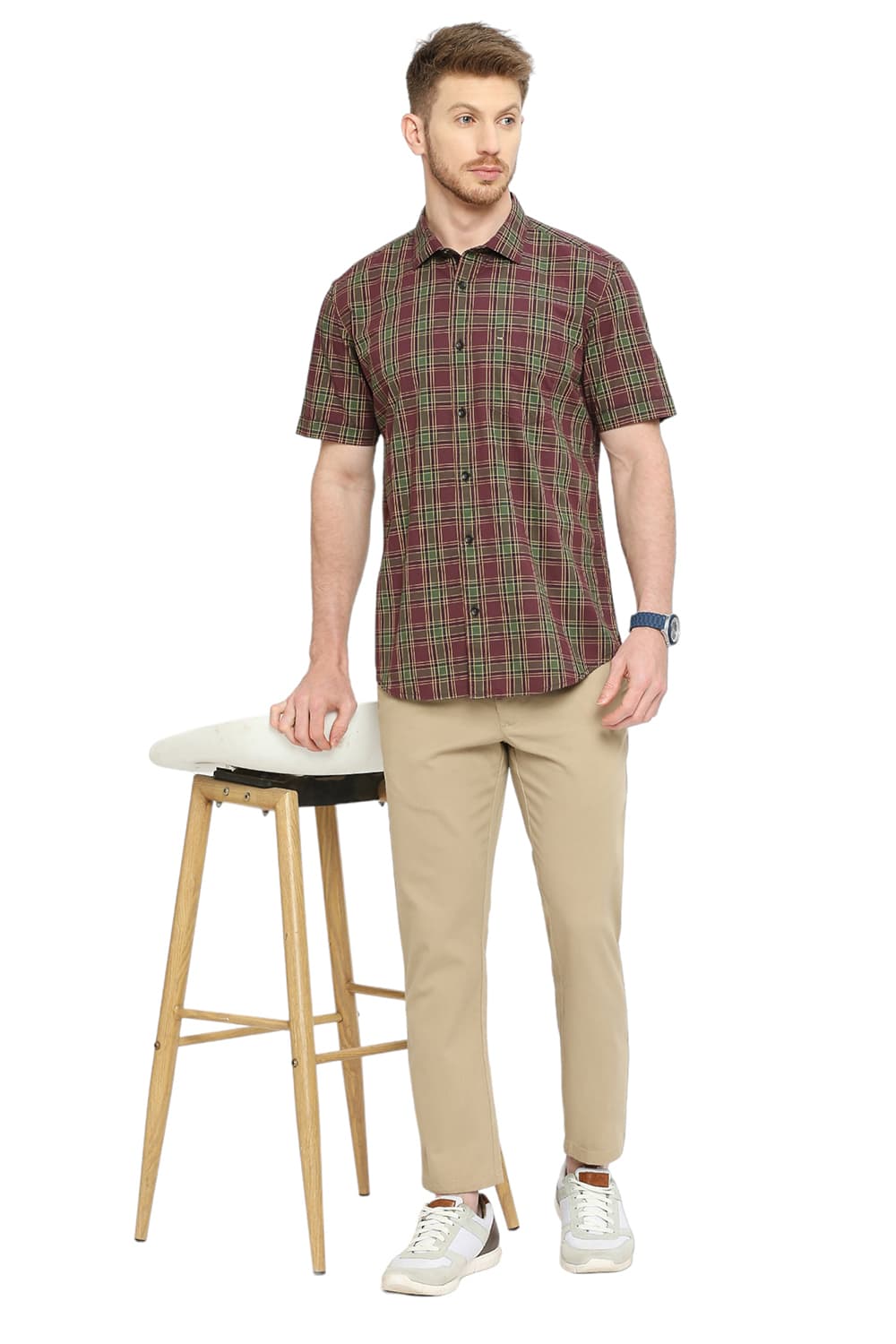 BASICS SLIM FIT COTTON CHECKS HALFSLEEVES SHIRT