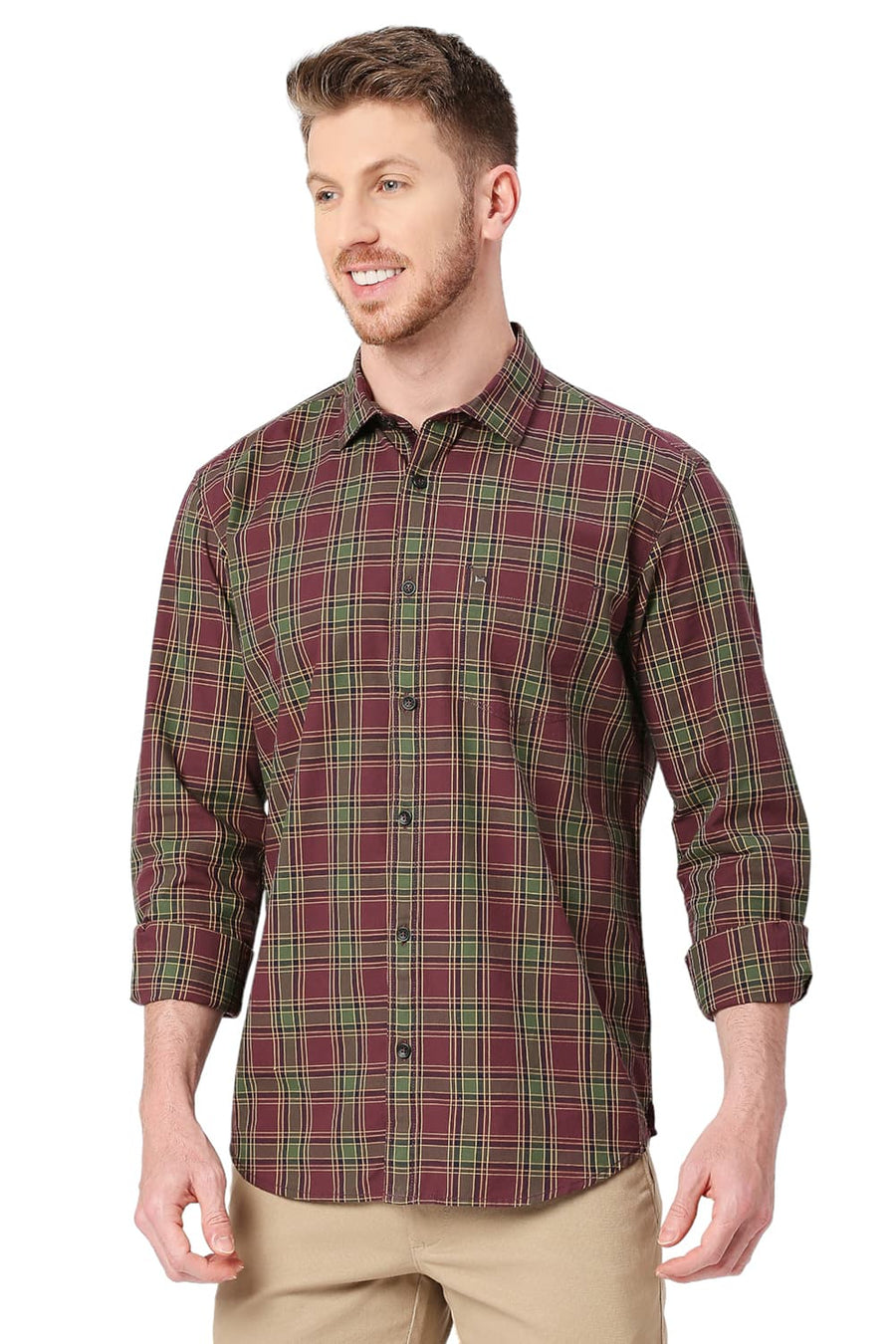 BASICS SLIM FIT BEAUJOLAIS WINE COTTON CHECKS SHIRT