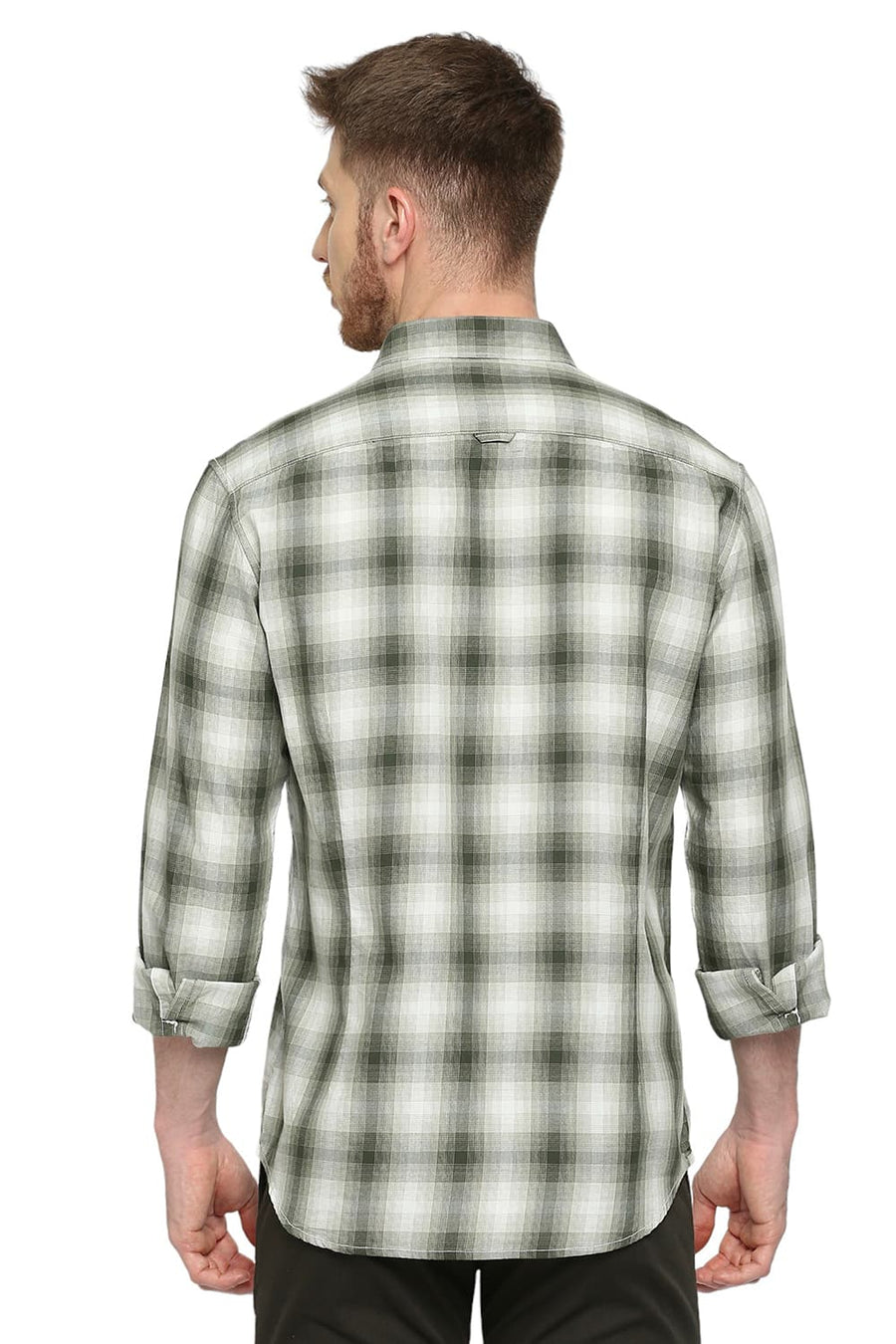 BASICS SLIM FIT EDEN GREEN COTTON TWILL CHECKS SHIRT