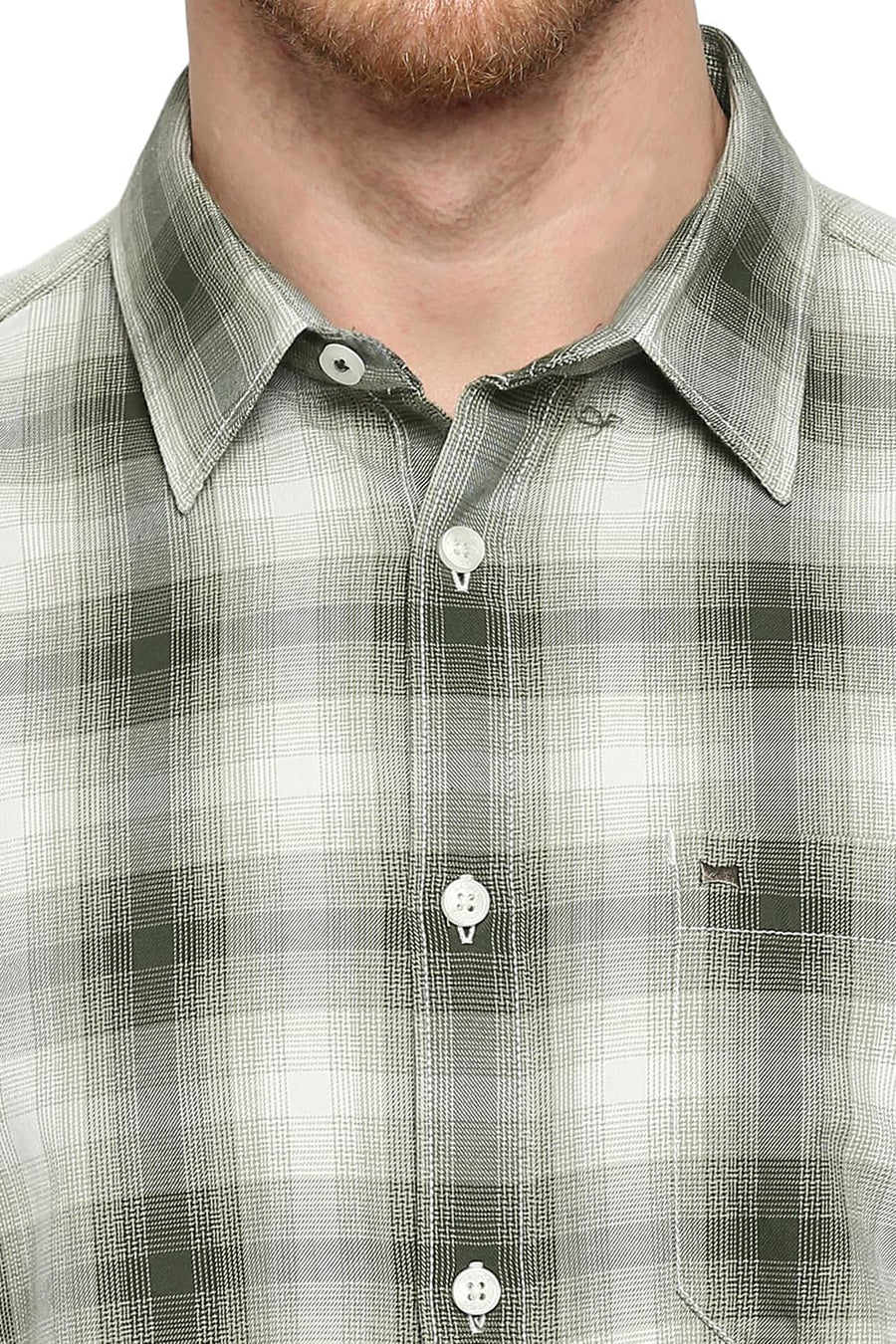 BASICS SLIM FIT EDEN GREEN COTTON TWILL CHECKS SHIRT