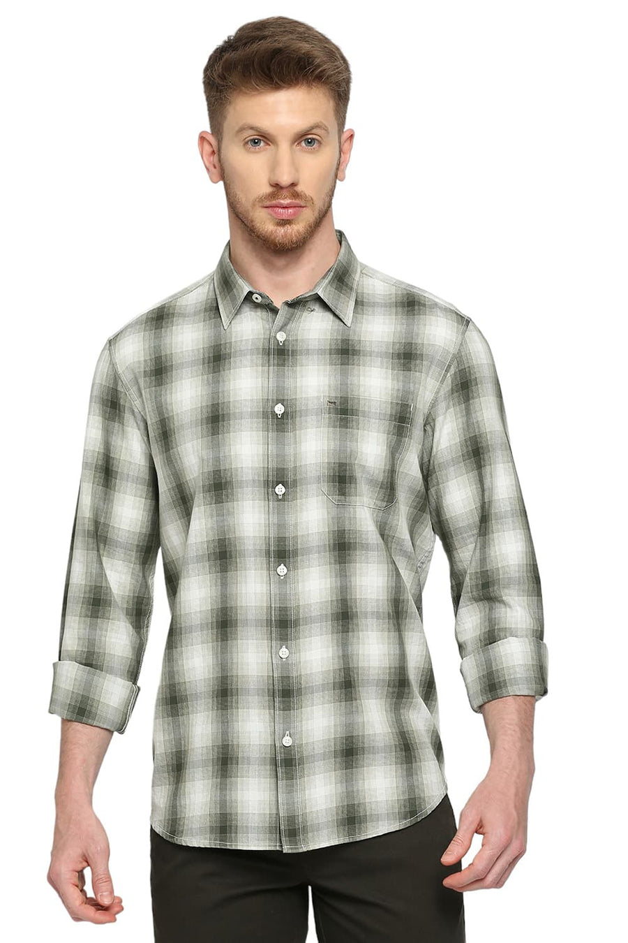 BASICS SLIM FIT EDEN GREEN COTTON TWILL CHECKS SHIRT