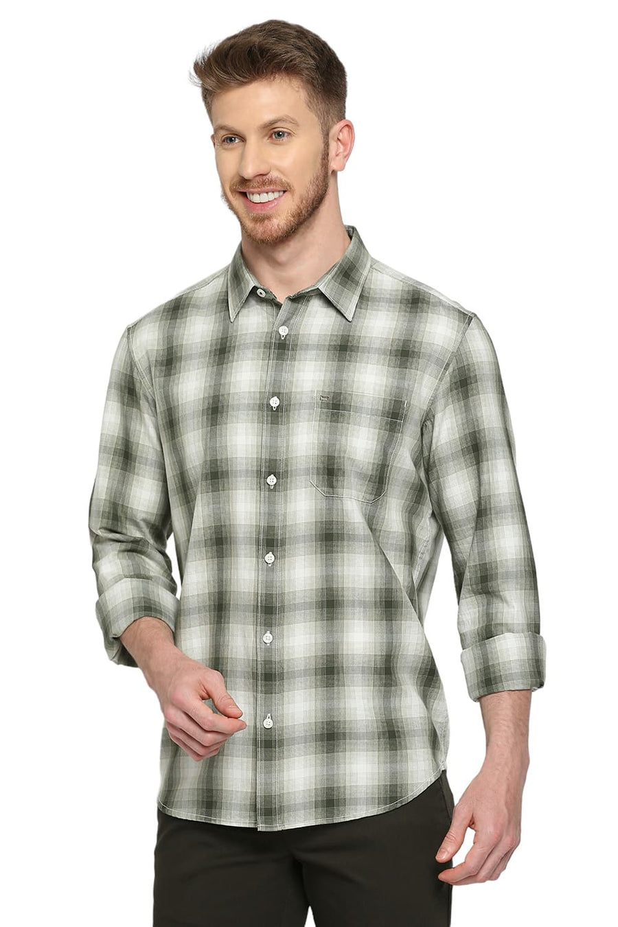 BASICS SLIM FIT EDEN GREEN COTTON TWILL CHECKS SHIRT