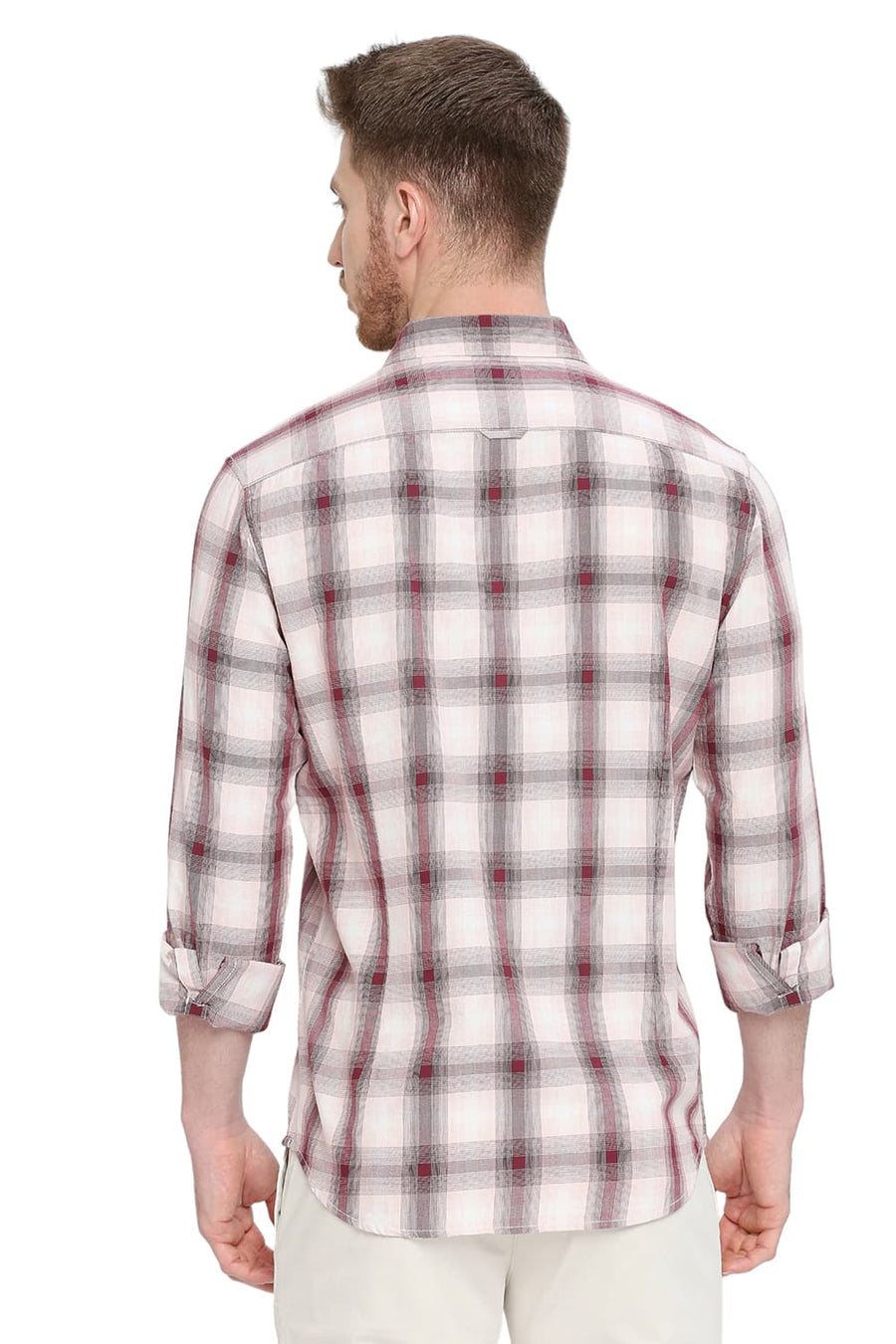 BASICS SLIM FIT RUBY WINE COTTON TWILL CHECKS SHIRT