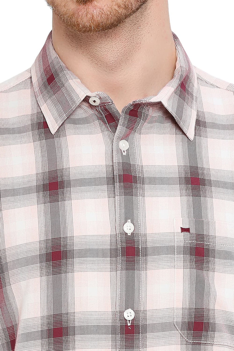 BASICS SLIM FIT RUBY WINE COTTON TWILL CHECKS SHIRT