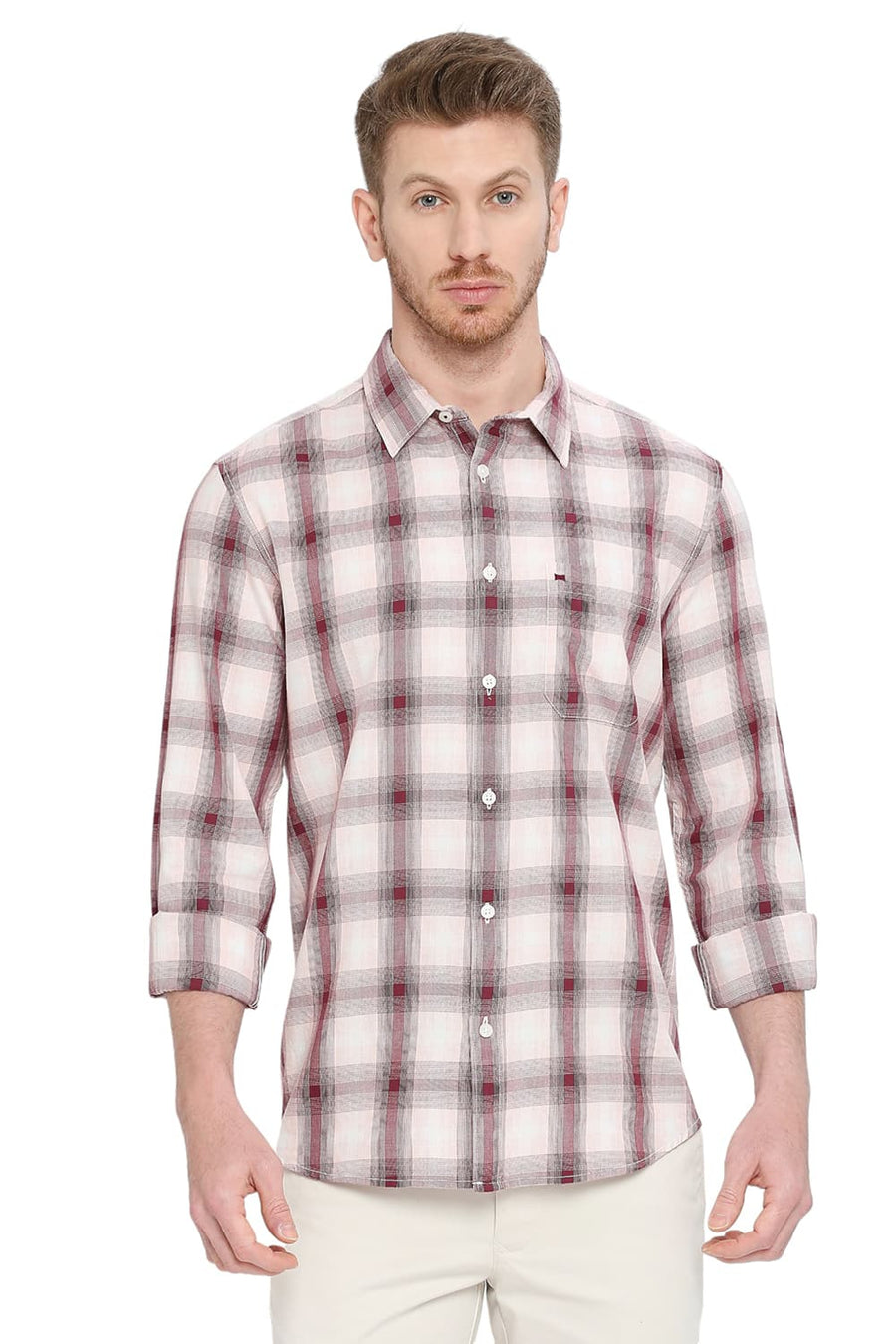BASICS SLIM FIT RUBY WINE COTTON TWILL CHECKS SHIRT