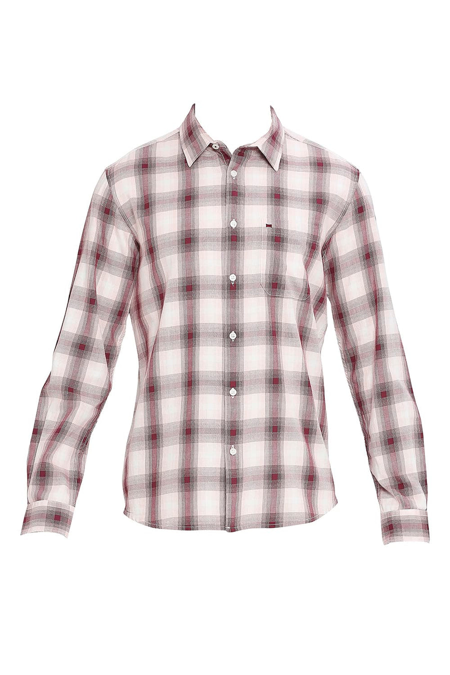 BASICS SLIM FIT RUBY WINE COTTON TWILL CHECKS SHIRT