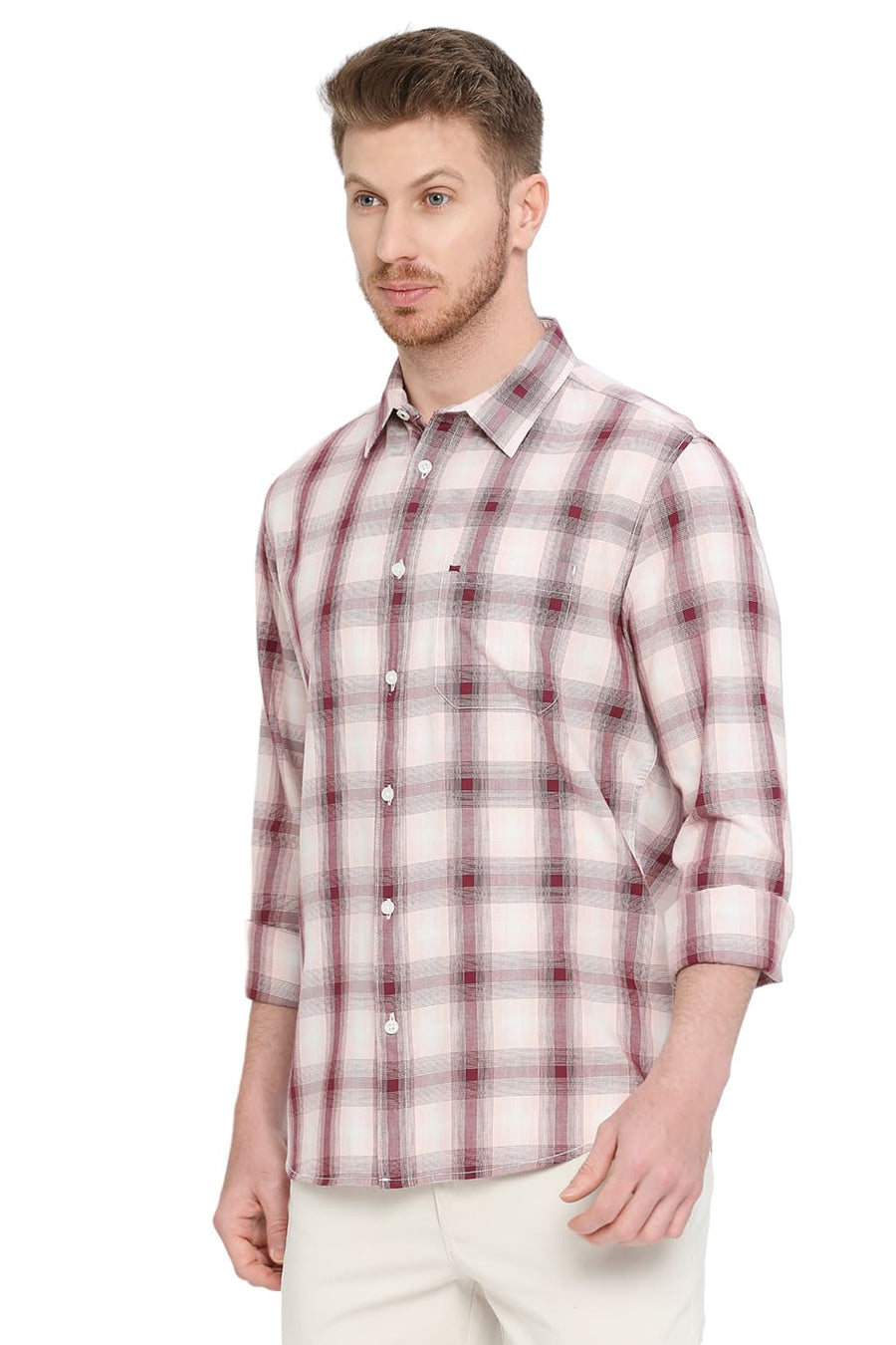 BASICS SLIM FIT RUBY WINE COTTON TWILL CHECKS SHIRT