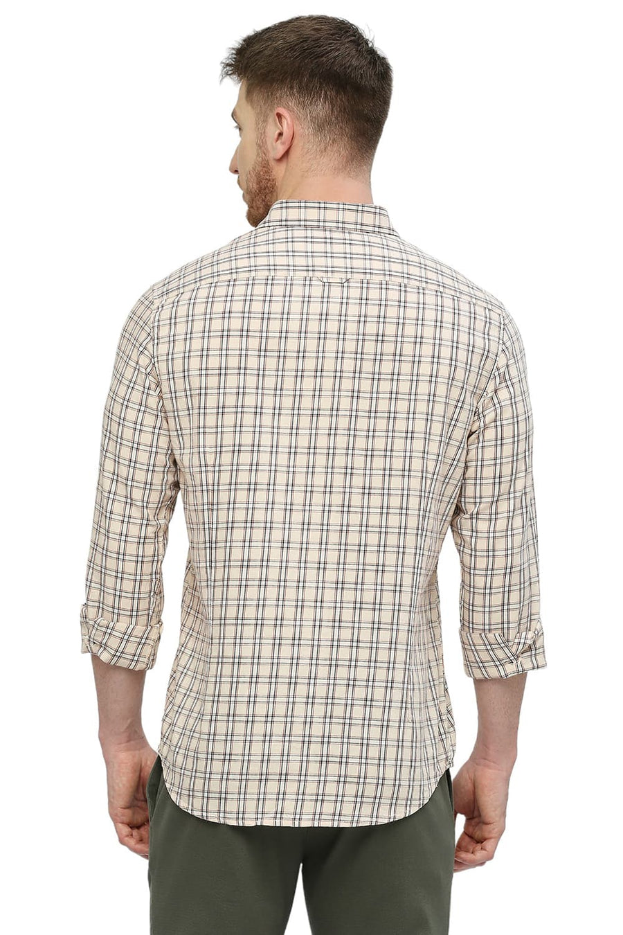 BASICS SLIM FIT CREME BRULEE BEIGE COTTON TWILL CHECKS SHIRT