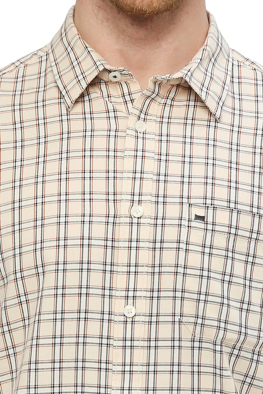 BASICS SLIM FIT CREME BRULEE BEIGE COTTON TWILL CHECKS SHIRT