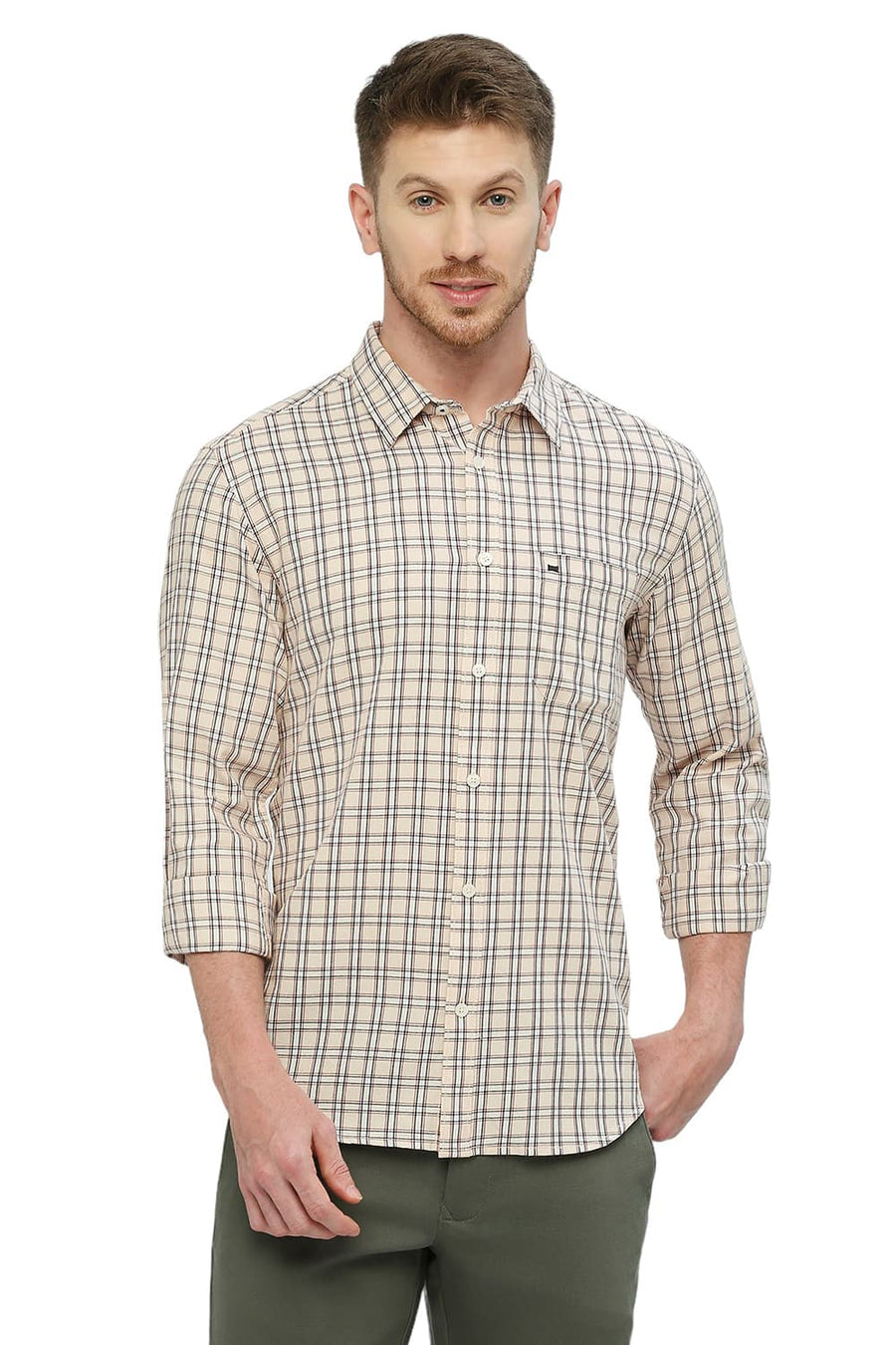 BASICS SLIM FIT CREME BRULEE BEIGE COTTON TWILL CHECKS SHIRT