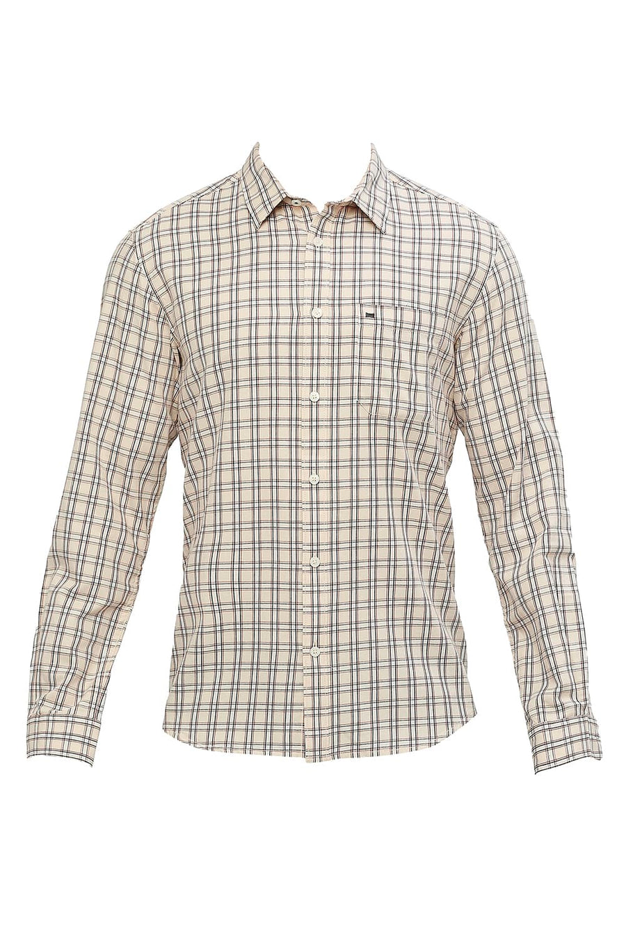 BASICS SLIM FIT CREME BRULEE BEIGE COTTON TWILL CHECKS SHIRT
