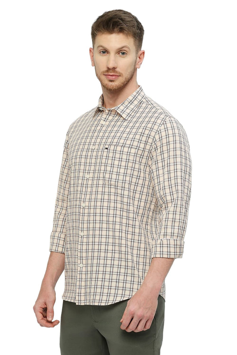 BASICS SLIM FIT CREME BRULEE BEIGE COTTON TWILL CHECKS SHIRT