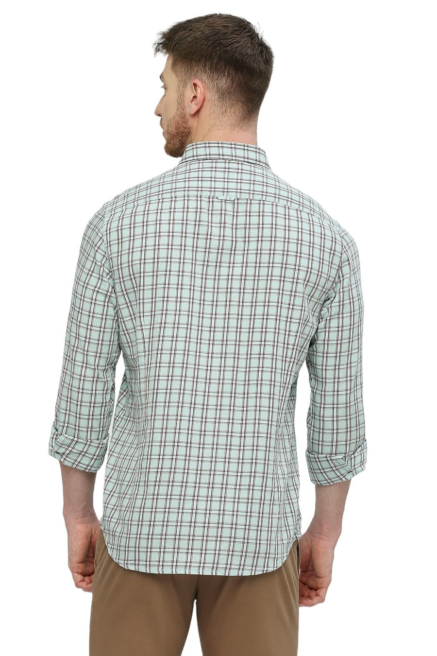 BASICS SLIM FIT WASABI GREEN COTTON TWILL CHECKS SHIRT