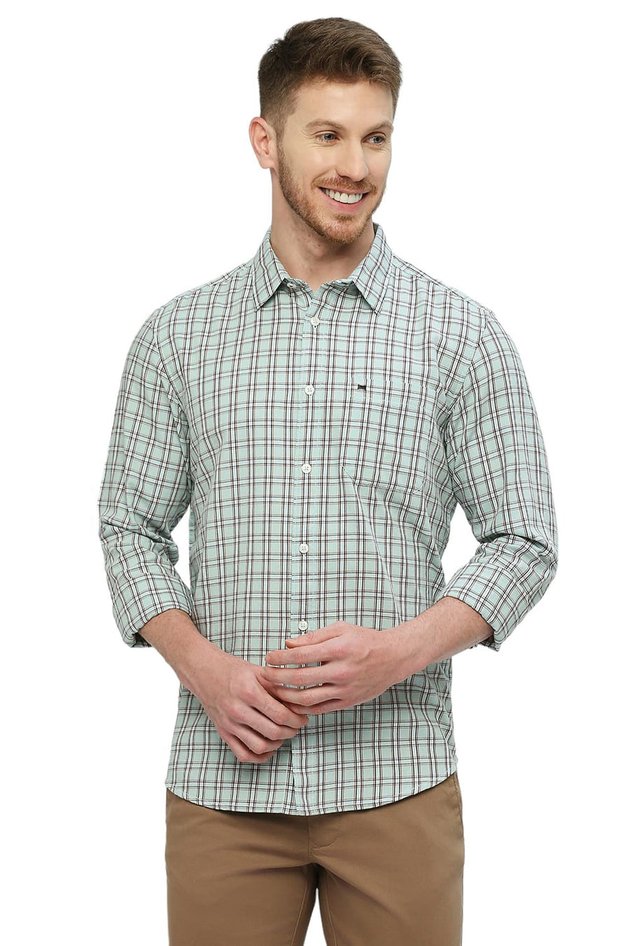 BASICS SLIM FIT WASABI GREEN COTTON TWILL CHECKS SHIRT