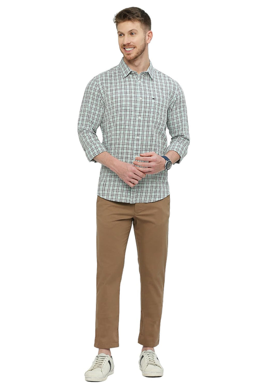 BASICS SLIM FIT WASABI GREEN COTTON TWILL CHECKS SHIRT
