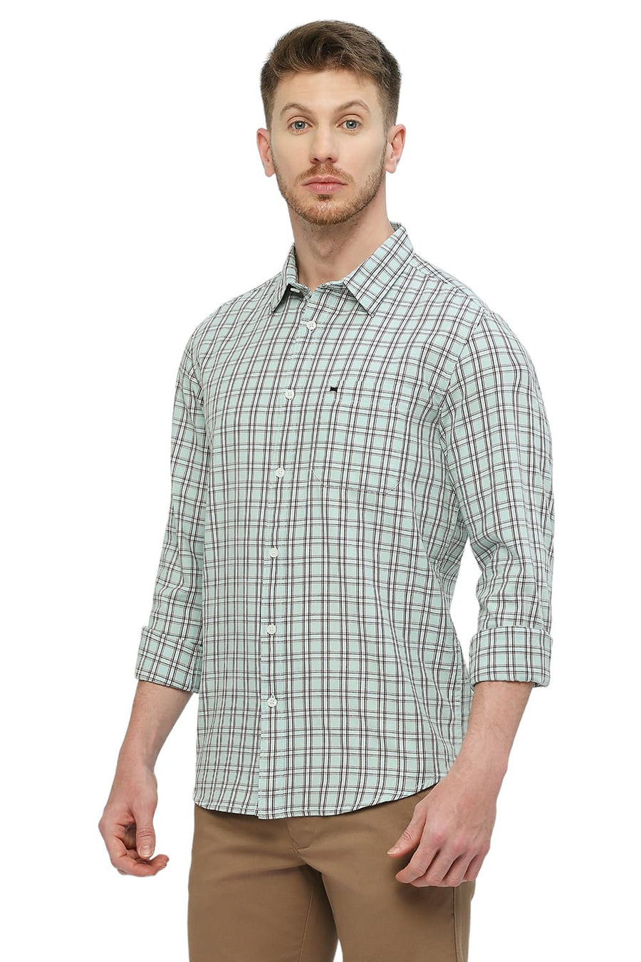 BASICS SLIM FIT WASABI GREEN COTTON TWILL CHECKS SHIRT