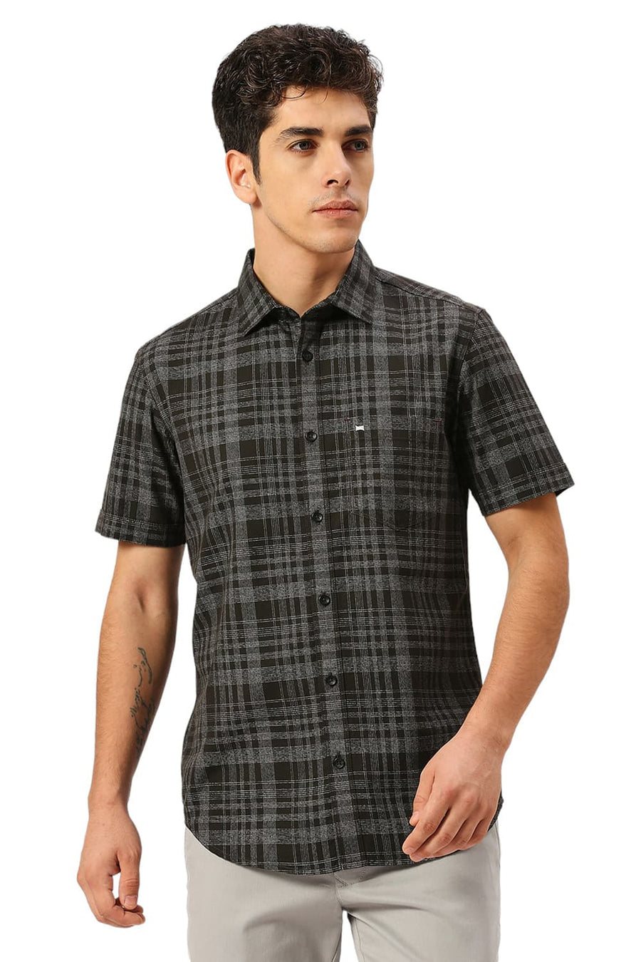 BASICS SLIM FIT SPRUCE GREEN COTTON TWILL GRINDLE CHECKS HALFSLEEVES SHIRT