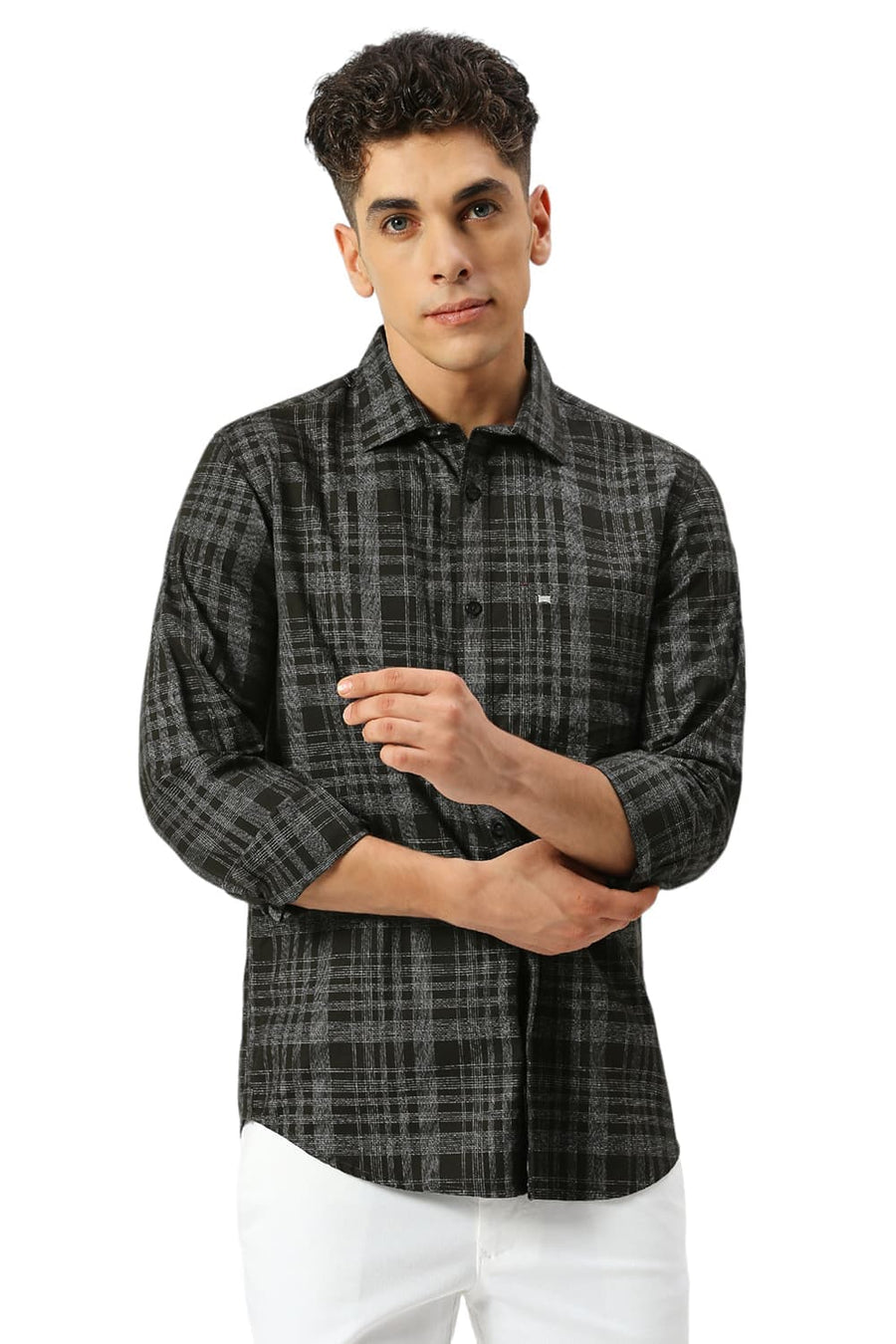 BASICS SLIM FIT SPRUCE GREEN COTTON TWILL GRINDLE CHECKS SHIRT