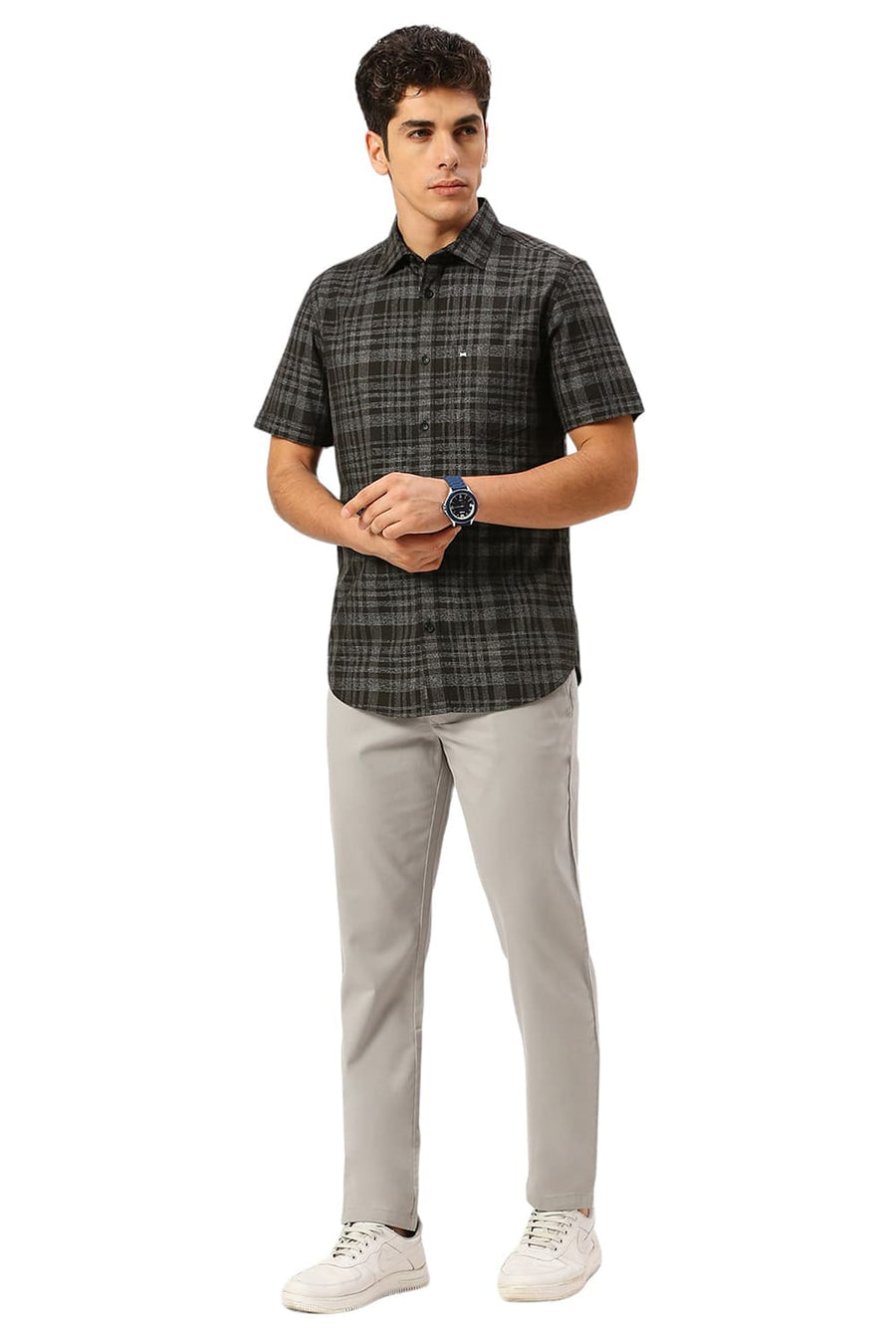 BASICS SLIM FIT SPRUCE GREEN COTTON TWILL GRINDLE CHECKS HALFSLEEVES SHIRT