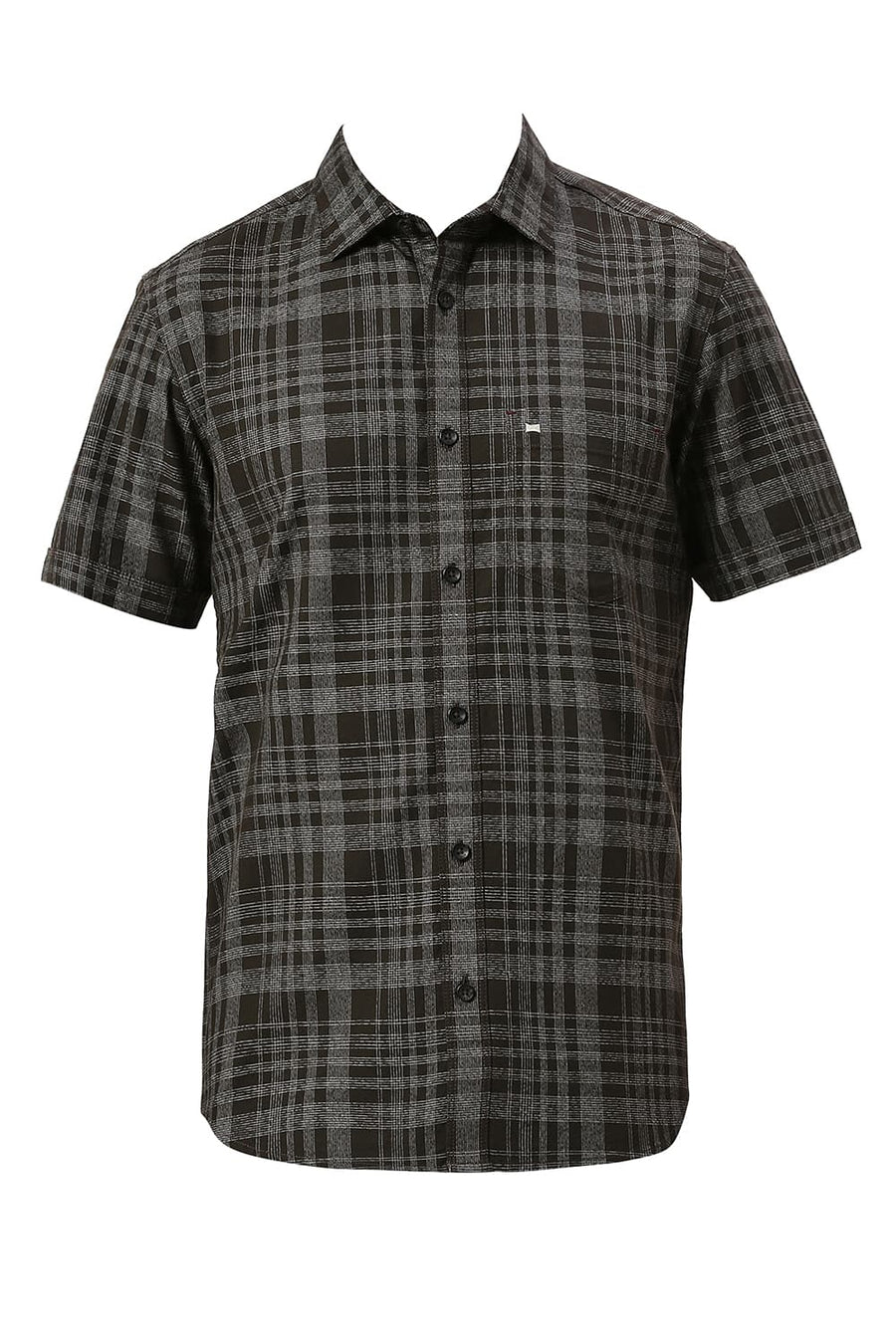 BASICS SLIM FIT SPRUCE GREEN COTTON TWILL GRINDLE CHECKS HALFSLEEVES SHIRT