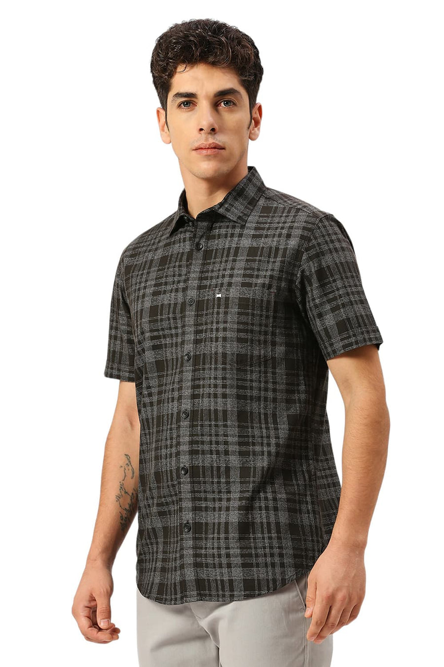 BASICS SLIM FIT SPRUCE GREEN COTTON TWILL GRINDLE CHECKS HALFSLEEVES SHIRT