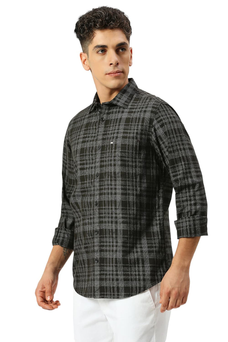 BASICS SLIM FIT SPRUCE GREEN COTTON TWILL GRINDLE CHECKS SHIRT