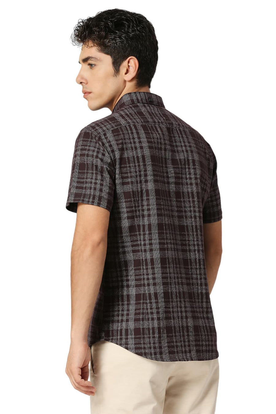 BASICS SLIM FIT WINE BROWN COTTON TWILL GRINDLE CHECKS HALFSLEEVES SHIRT