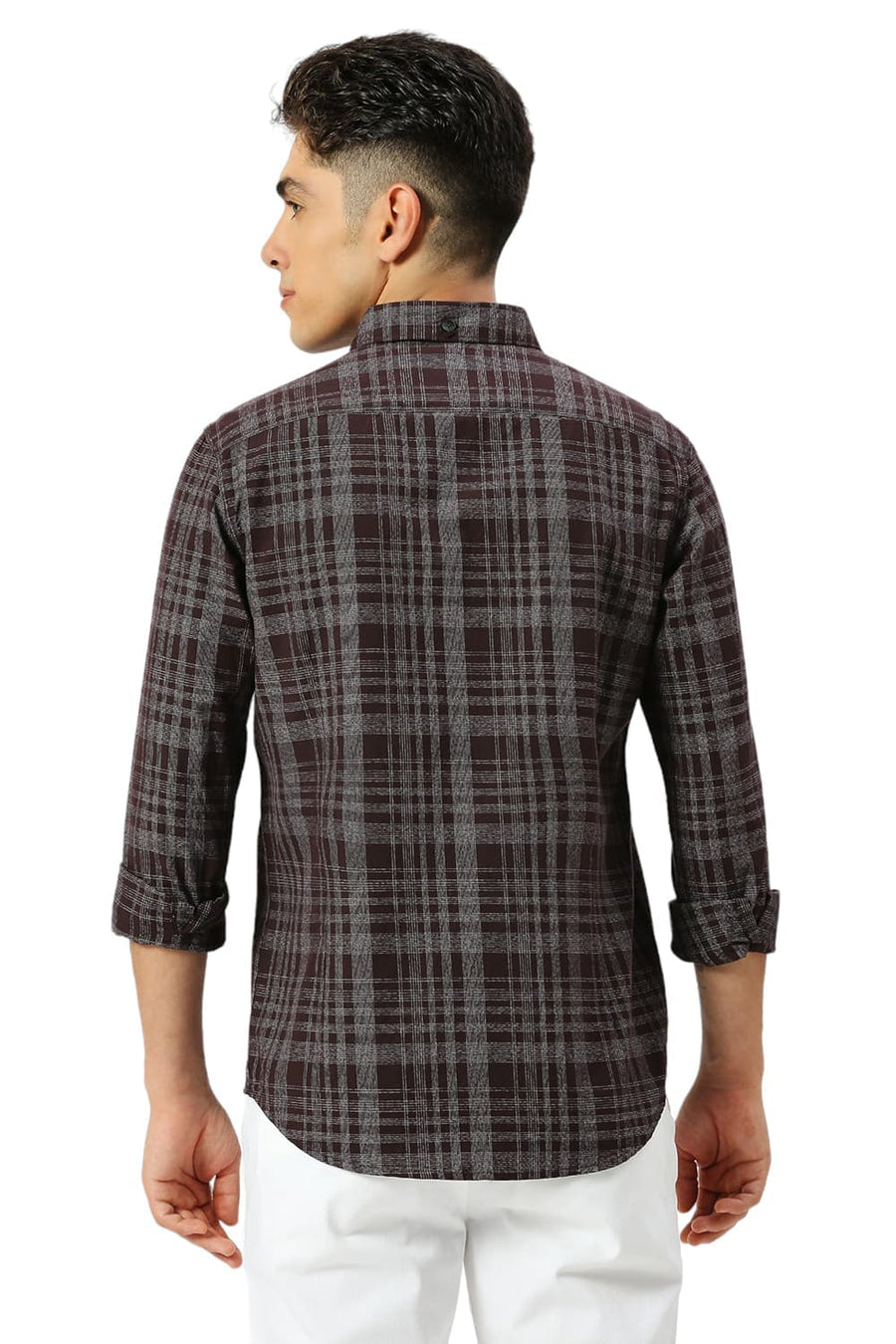 BASICS SLIM FIT WINE BROWN COTTON TWILL GRINDLE CHECKS SHIRT