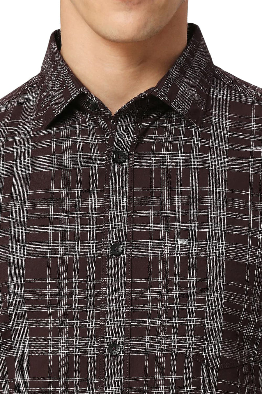 BASICS SLIM FIT WINE BROWN COTTON TWILL GRINDLE CHECKS HALFSLEEVES SHIRT