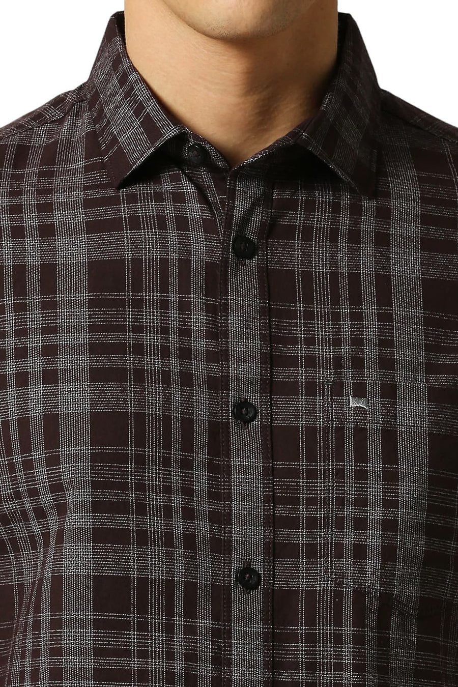BASICS SLIM FIT WINE BROWN COTTON TWILL GRINDLE CHECKS SHIRT
