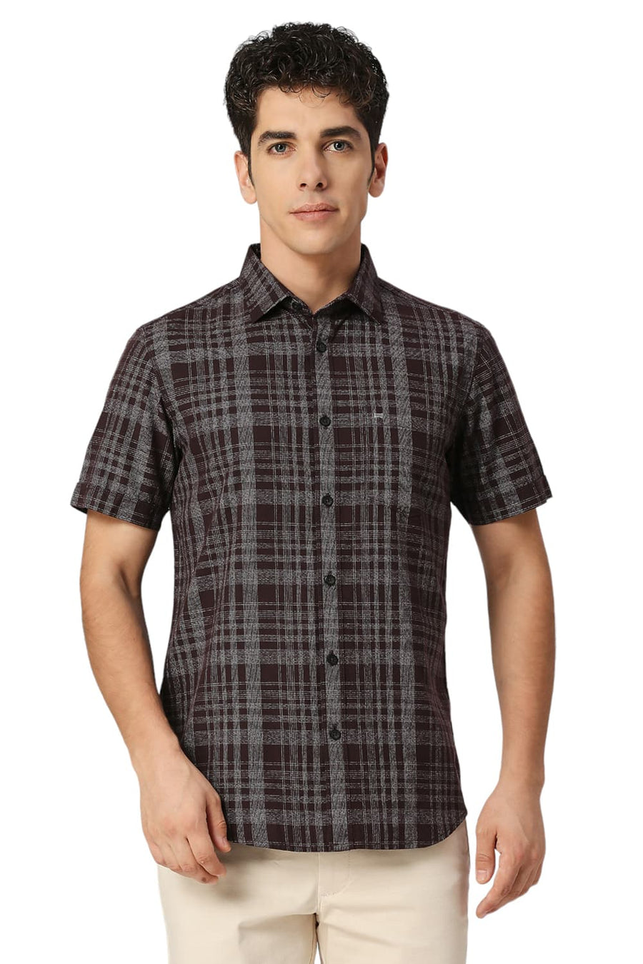 BASICS SLIM FIT WINE BROWN COTTON TWILL GRINDLE CHECKS HALFSLEEVES SHIRT