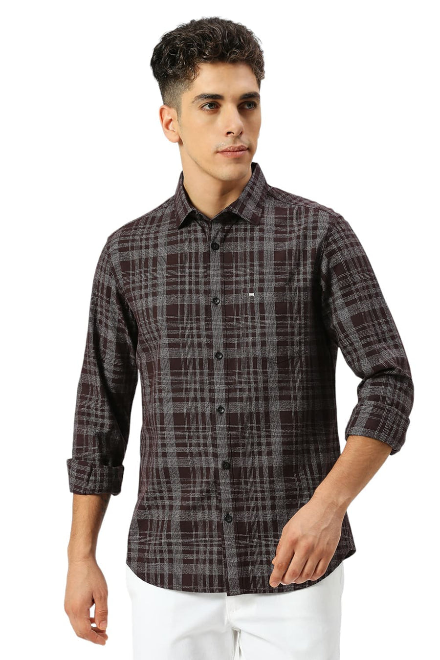 BASICS SLIM FIT WINE BROWN COTTON TWILL GRINDLE CHECKS SHIRT