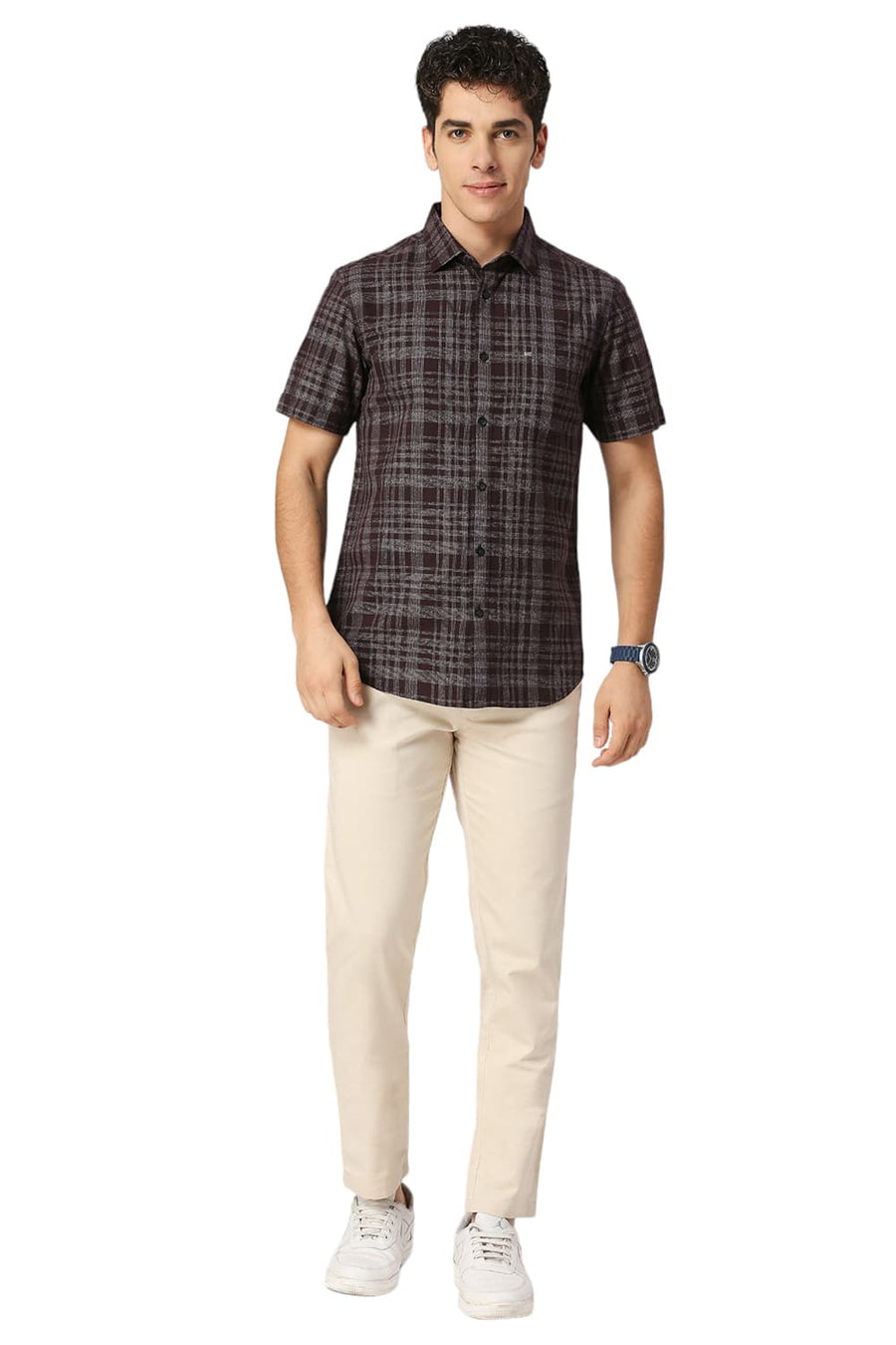 BASICS SLIM FIT WINE BROWN COTTON TWILL GRINDLE CHECKS HALFSLEEVES SHIRT