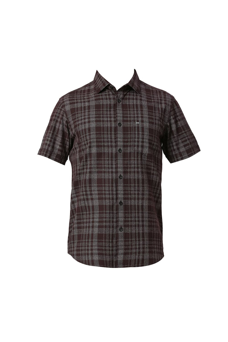 BASICS SLIM FIT WINE BROWN COTTON TWILL GRINDLE CHECKS HALFSLEEVES SHIRT