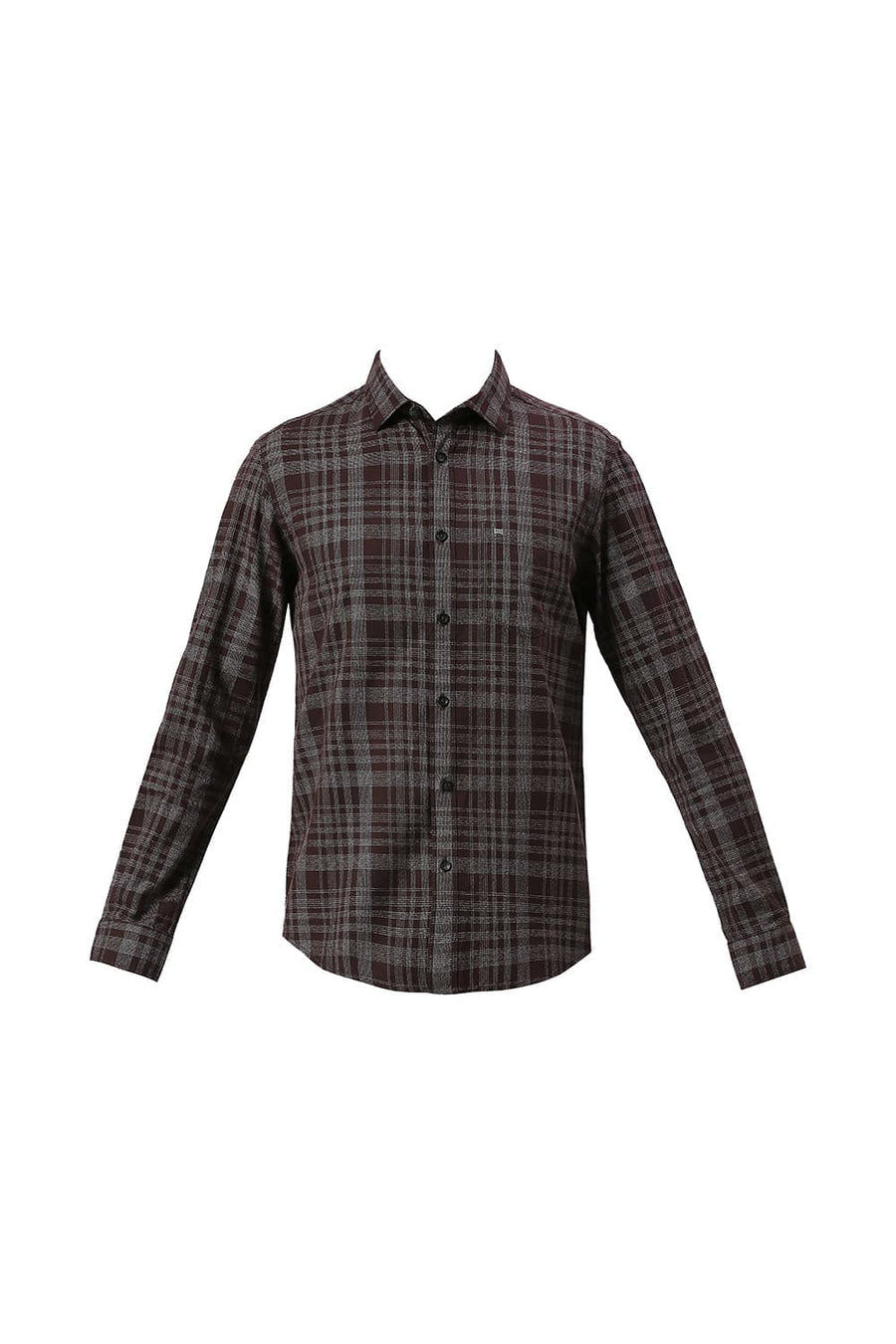 BASICS SLIM FIT WINE BROWN COTTON TWILL GRINDLE CHECKS SHIRT