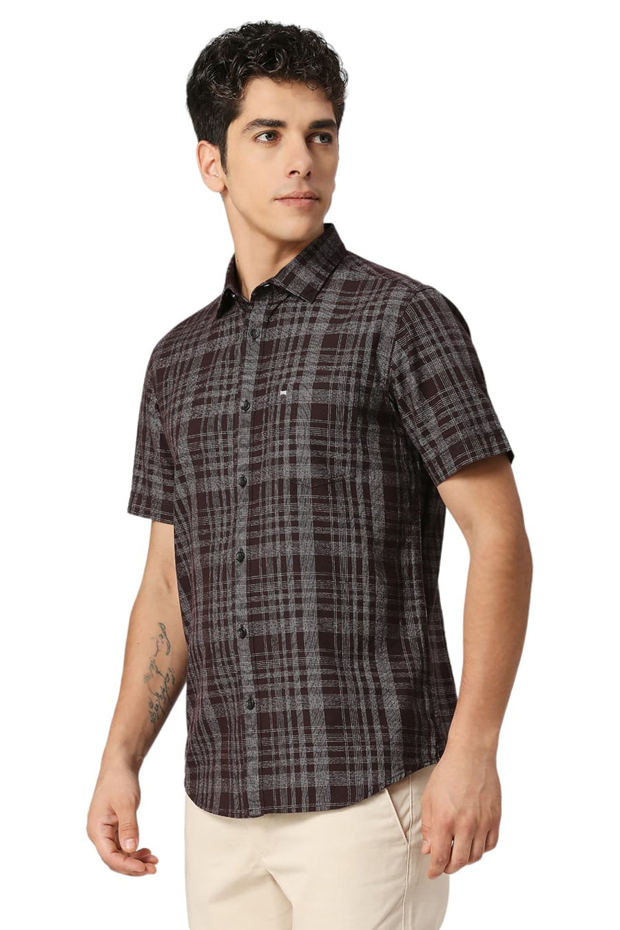 BASICS SLIM FIT WINE BROWN COTTON TWILL GRINDLE CHECKS HALFSLEEVES SHIRT