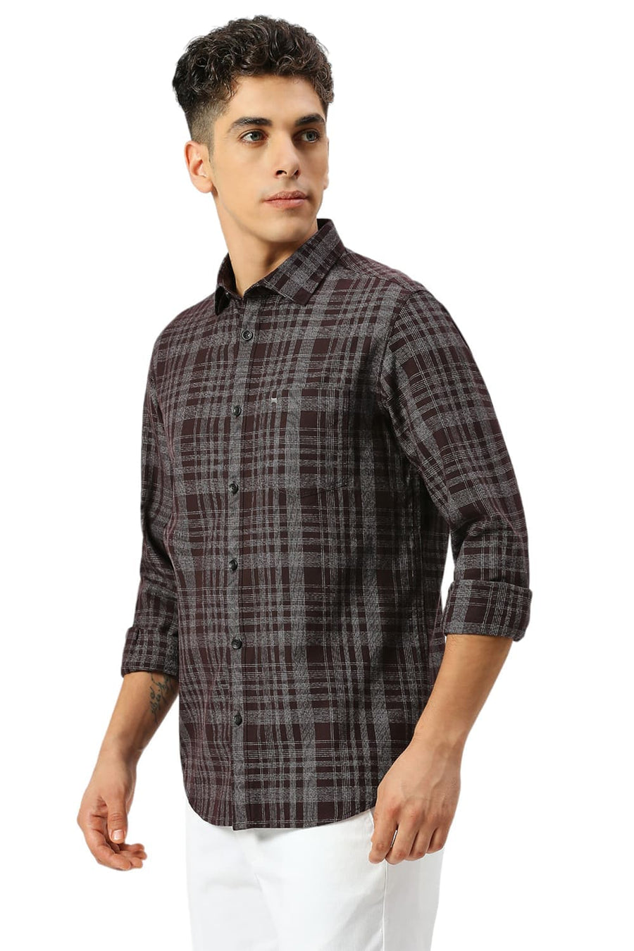 BASICS SLIM FIT WINE BROWN COTTON TWILL GRINDLE CHECKS SHIRT