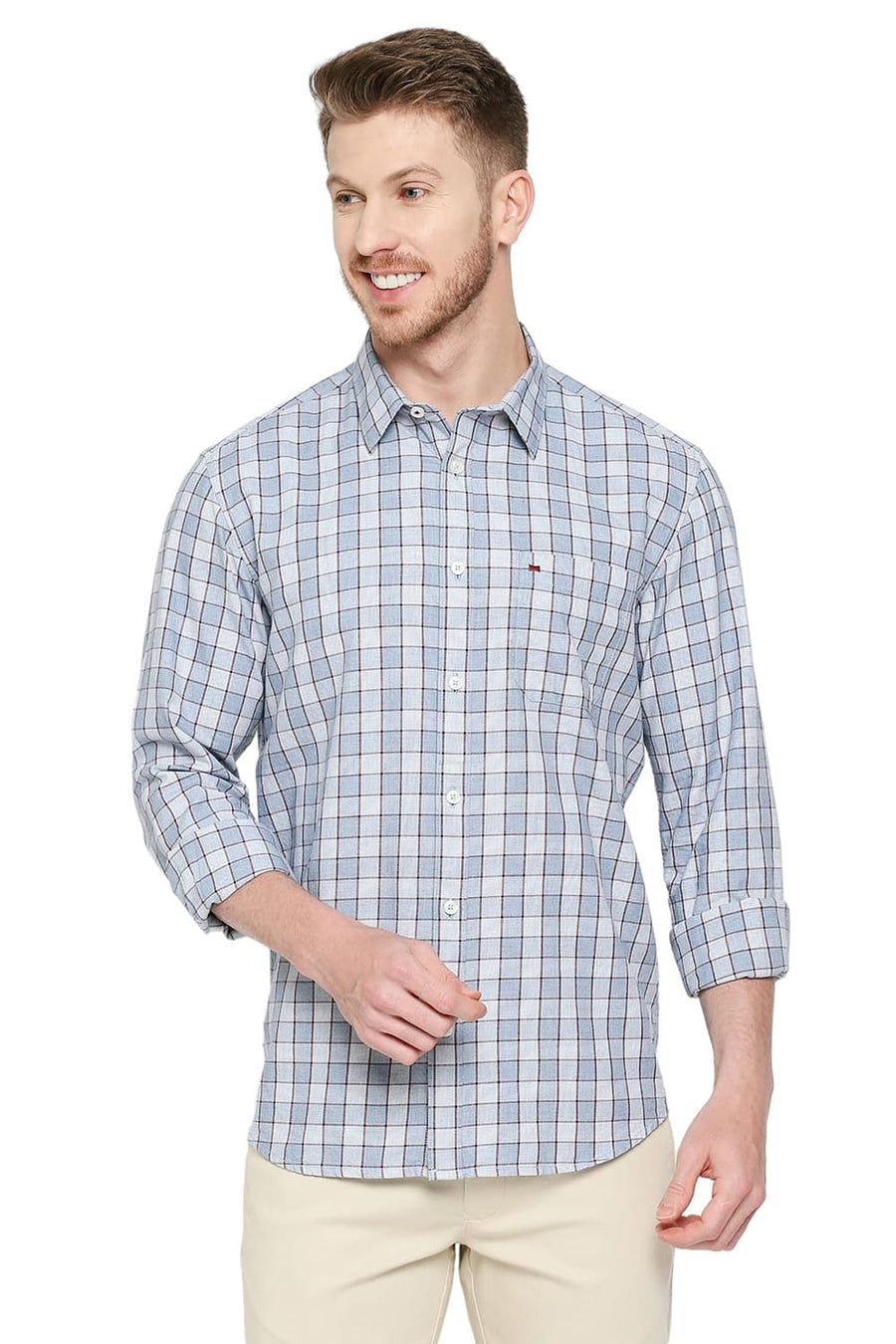 BASICS SLIM FIT PLACID BLUE COTTON CHECKS SHIRT