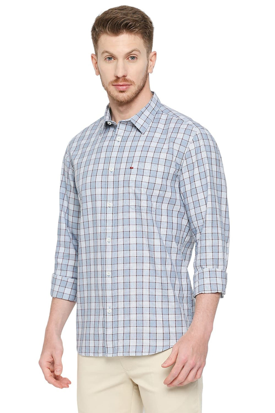 BASICS SLIM FIT PLACID BLUE COTTON CHECKS SHIRT