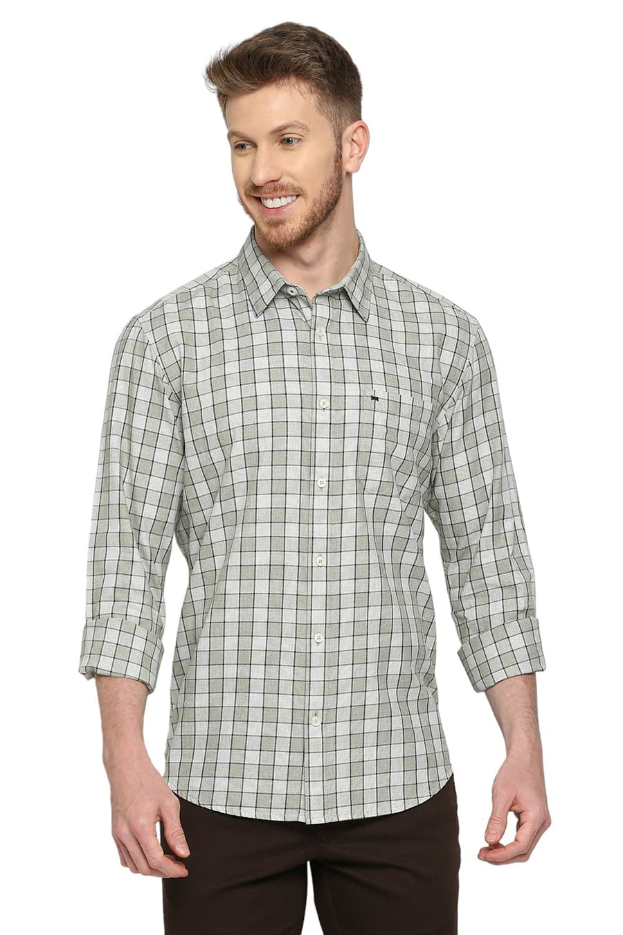 BASICS SLIM FIT SAFARI BEIGE COTTON CHECKS SHIRT