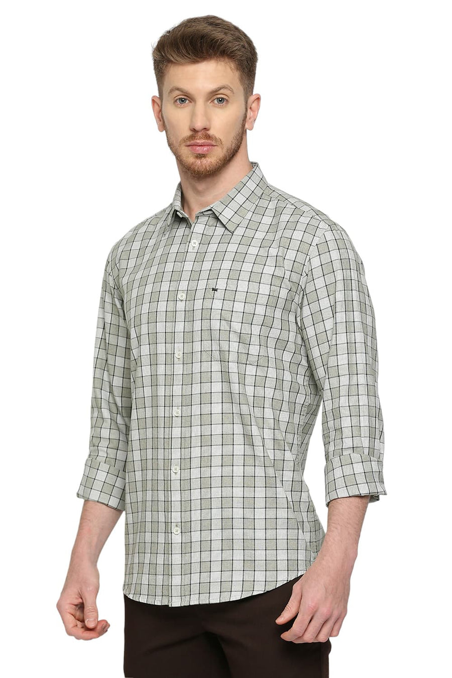 BASICS SLIM FIT SAFARI BEIGE COTTON CHECKS SHIRT