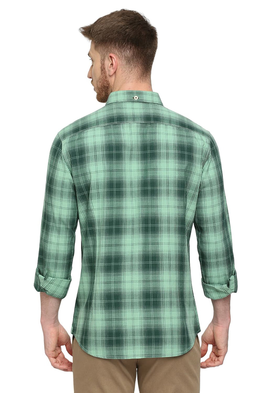 BASICS SLIM FIT ICEBERG GREEN COTTON HERRINGBONE TWILL CHECKS SHIRT