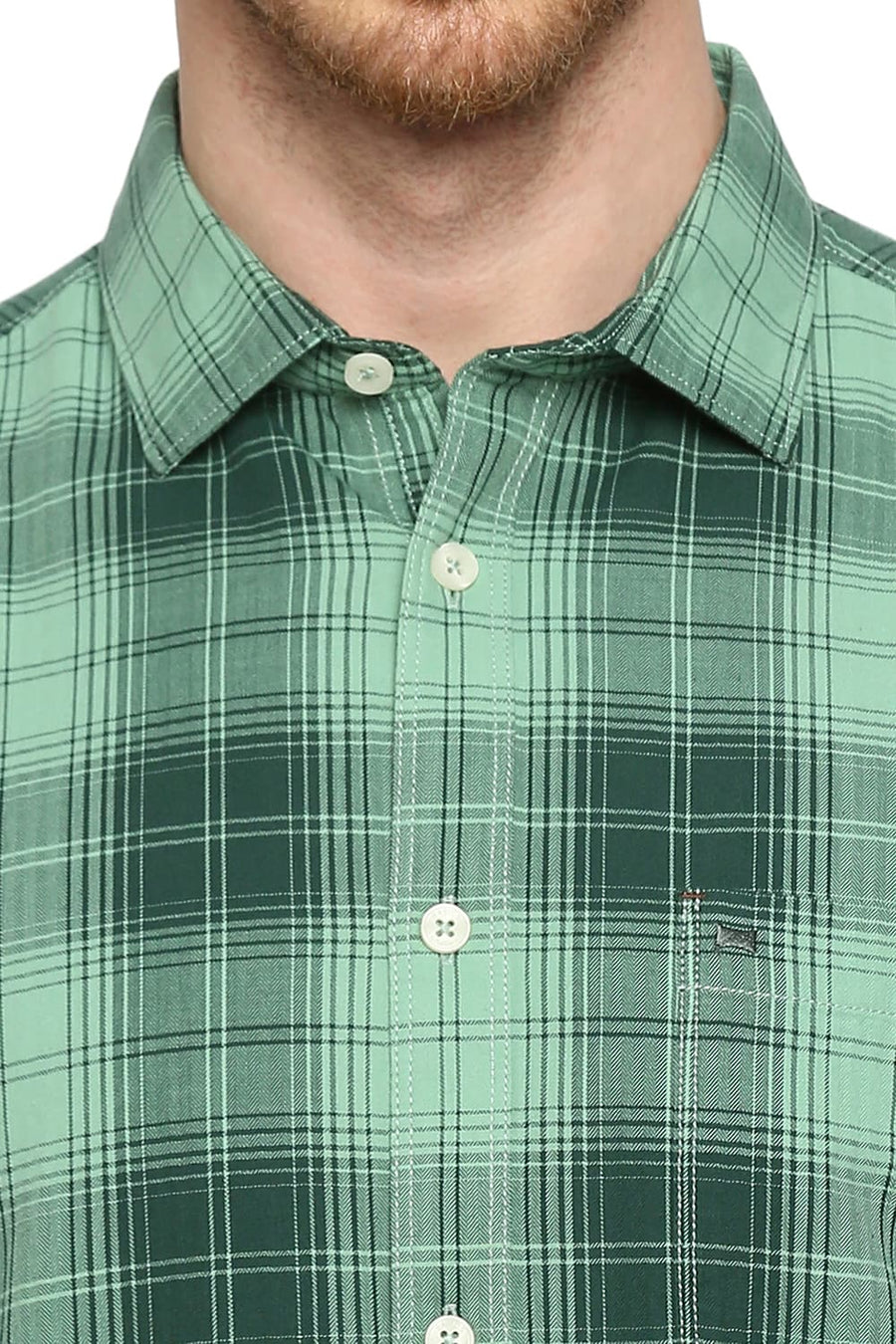BASICS SLIM FIT ICEBERG GREEN COTTON HERRINGBONE TWILL CHECKS SHIRT