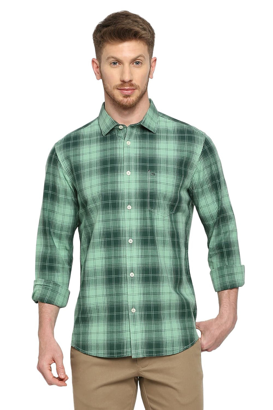 BASICS SLIM FIT ICEBERG GREEN COTTON HERRINGBONE TWILL CHECKS SHIRT